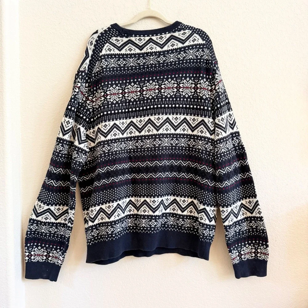 Tommy Hilfiger Mens XXL Navy Blue Fair Isle Cotton Crewneck Sweater Snowflake